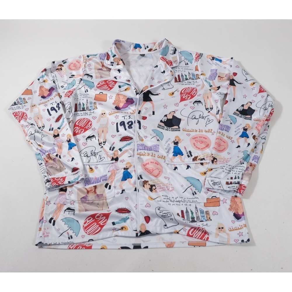 Taylor Swift Pajama Top Womens Medium White 1989 Era Graphic Print Button Down